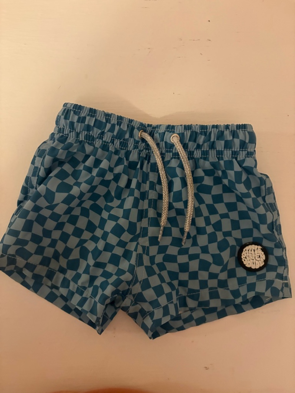 Little Surfer Dude blue Checker Swim Trunks with Drawstring